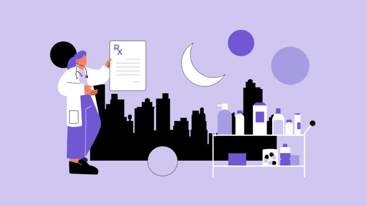 Illustration of a doctor and pharmacist holding a prescription near a city skyline at night, with shelves of medical supplies in the moonlight.