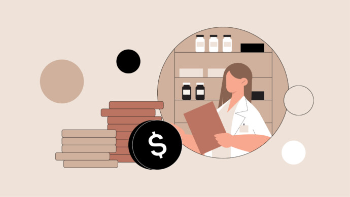 Illustration of a pharmacist holding a clipboard in a pharmacy, with medicine bottles on shelves and stacks of coins with a dollar sign in the foreground—highlighting the best side hustles for pharmacists seeking extra income.