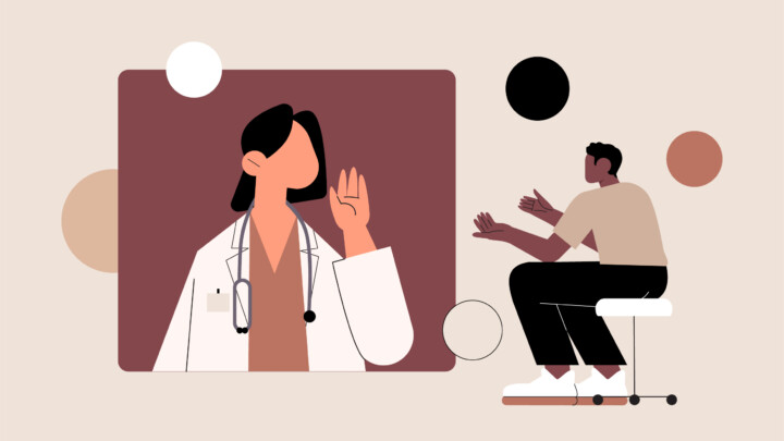 Illustration of a doctor demonstrating physician engagement by using sign language to communicate with a patient sitting on a stool, set against abstract shapes in the background.