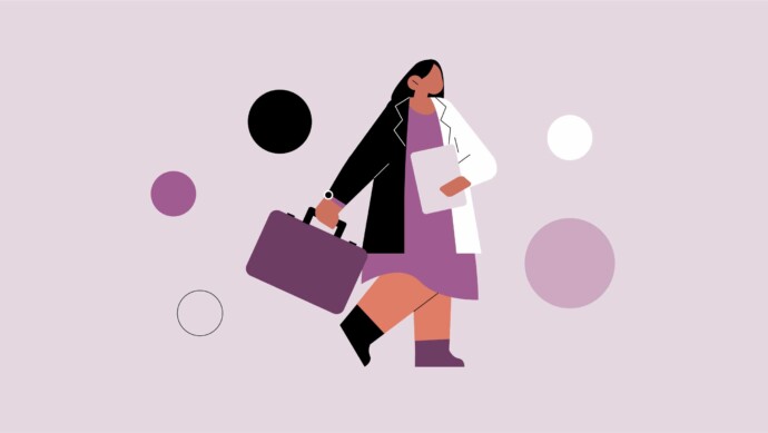 Illustration of a woman in a lab coat holding a clipboard and briefcase, walking against circles in purple, black, and white—symbolizing physician entrepreneurs merging medical expertise with business success.