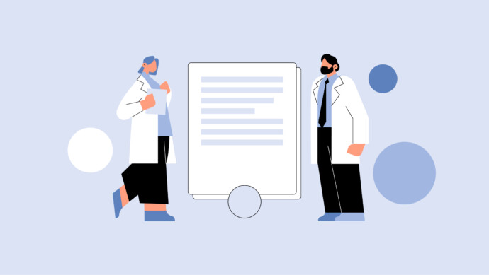 Two doctors in lab coats stand on either side of a large physician non-compete document, illustrated with blue and white tones and abstract circular shapes in the background.