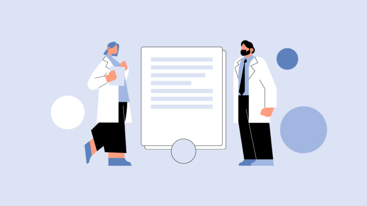 Two doctors in lab coats stand on either side of a large physician non-compete document, illustrated with blue and white tones and abstract circular shapes in the background.