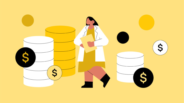 An illustrated woman holding a clipboard stands next to large stacks of yellow and white coins, with dollar sign symbols around her, representing physician compensation models on a yellow background.
