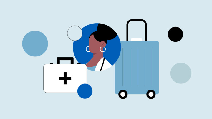 Illustration of a woman, a medical briefcase with a cross, and a suitcase, with circular shapes—symbolizing physician PTO and the importance of doctor time off.