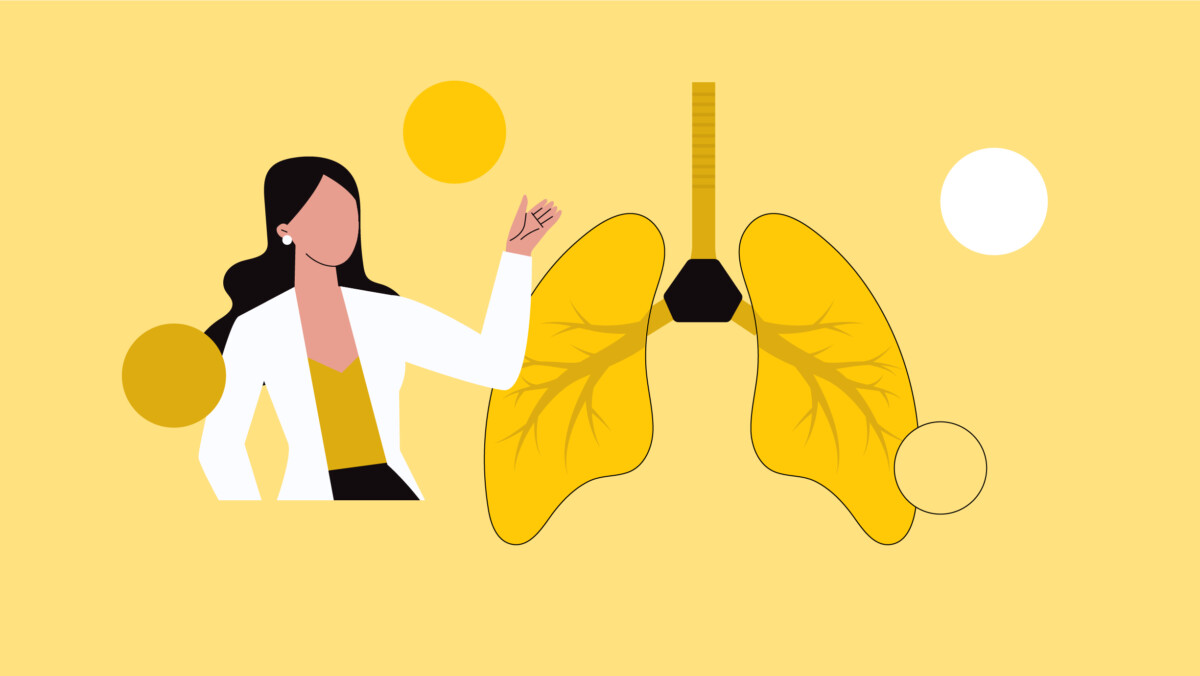 Illustration of a woman in a white coat pointing to a diagram of yellow lungs, set against a yellow background with decorative circles—an inspiring nod to pulmonologist alternative careers.