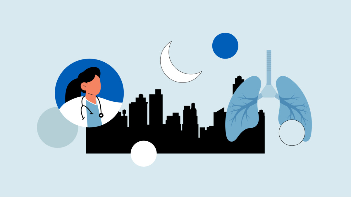 Illustration of a doctor, city skyline, lungs, crescent moon, and abstract circles on a light blue background, representing remote sleep study interpretation in modern healthcare.