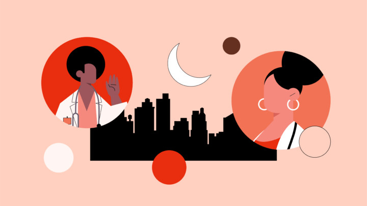Illustration of two residents in medical coats on either side of a city skyline silhouette, with abstract circles and a crescent moon—capturing the pros and cons of medical moonlighting.