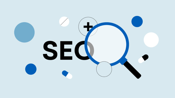 Illustration of the word "SEO" with a large magnifying glass over the letters, surrounded by abstract circles and capsule shapes on a light blue background—perfect for representing medical practice SEO or boosting organic traffic.
