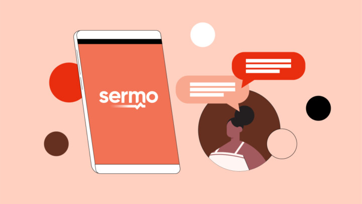 Illustration of a smartphone displaying the Sermo logo, with a woman and speech bubbles, highlighting patient communication on a peach-colored background with abstract circles.