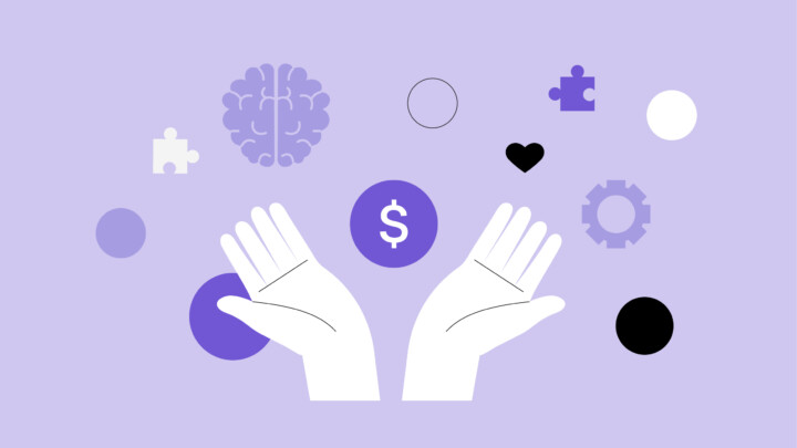 Two open hands surrounded by symbols—including a dollar sign, brain, puzzle pieces, heart, and gears—highlight how each social determinant of health shapes well-being on a light purple background.