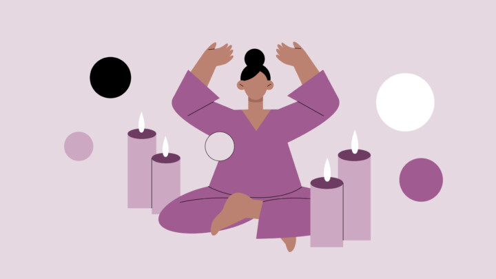 Illustration of a person sitting cross-legged in meditation with raised hands, surrounded by lit candles and colored circles, integrating auditory healing and the calming effects of sound therapy on a light background.