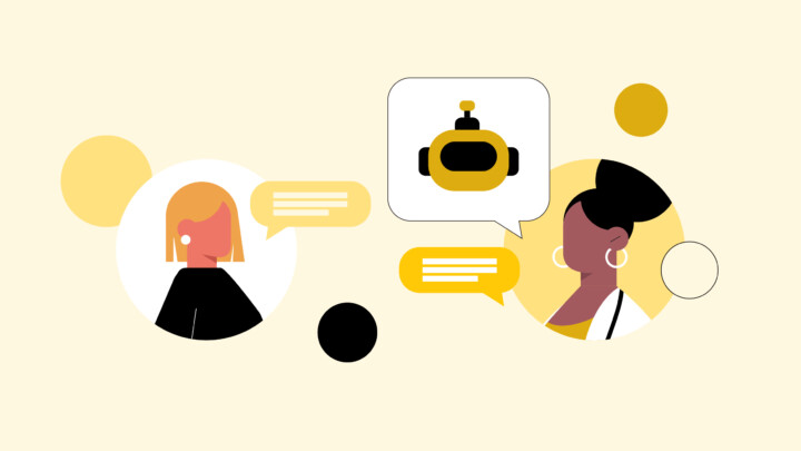Illustration of two women talking, with speech bubbles showing text and a robot icon, surrounded by yellow, black, and white circles—depicting an ai symptom checker conversation.