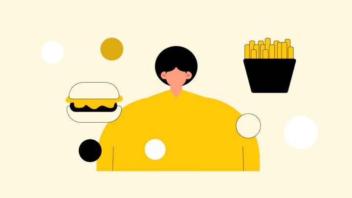 Minimalist illustration of a person in yellow flanked by stylized burger and fries, with abstract dots in black, white, and yellow on a light background—highlighting themes of teenage obesity.