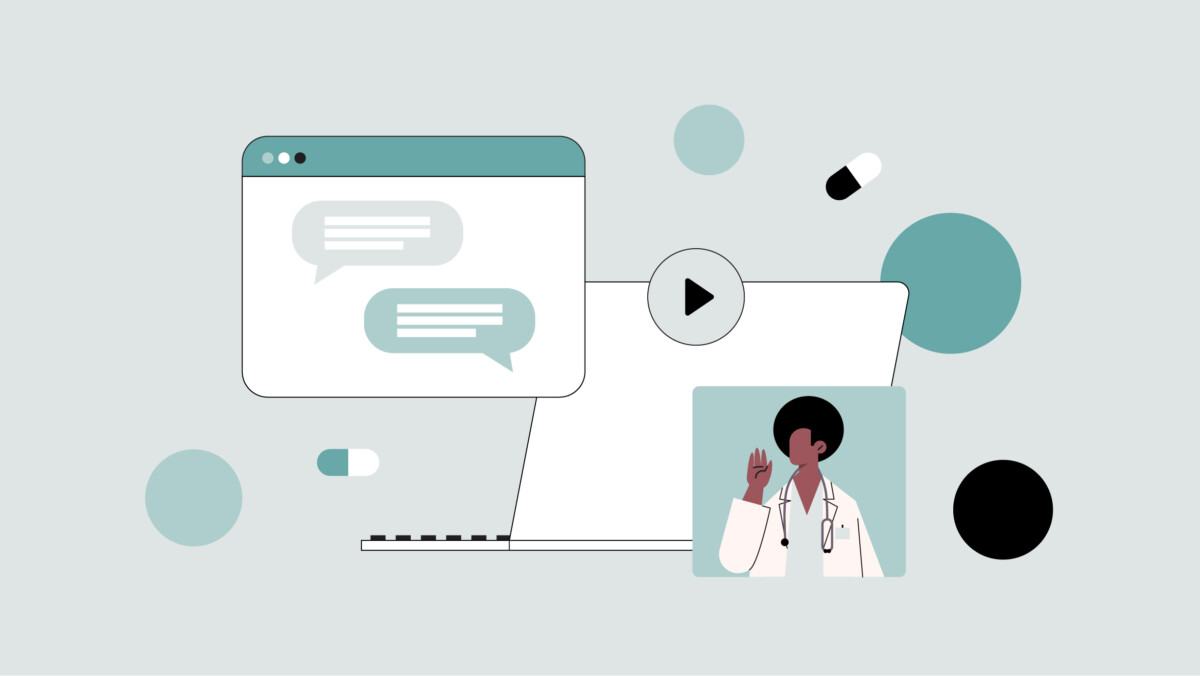Illustration of a laptop with chat bubbles, a play button, pills, and a doctor waving on a video call, representing telemedicine tools for online medical consultation.