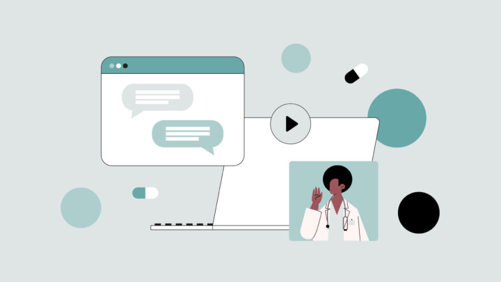 Illustration of a laptop with chat bubbles, a play button, pills, and a doctor waving on a video call, representing telemedicine tools for online medical consultation.