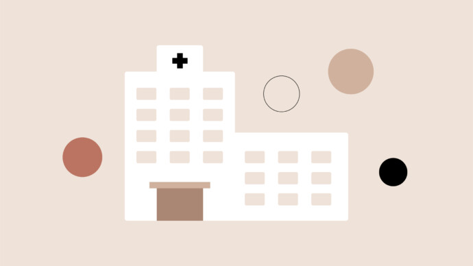 Minimalist illustration of a hospital building with a cross symbol on top, surrounded by four colored circles on a beige background, reflecting the central role of healthcare systems in supporting physicians.