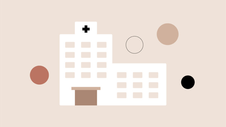 Minimalist illustration of a hospital building with a cross symbol on top, surrounded by four colored circles on a beige background, reflecting the central role of healthcare systems in supporting physicians.