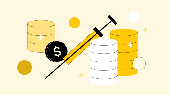 Illustration of stacked coins in yellow and white with a syringe and a black coin featuring a dollar sign, hinting at the debate over whether doctors profit from vaccines. Various circles and sparkles are in the background.