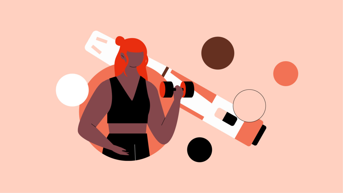 Illustrazione di una persona che solleva un manubrio, con una grande penna per iniezioni e diversi cerchi colorati sullo sfondo, per evidenziare le preoccupazioni relative alla perdita muscolare da ozempic.
