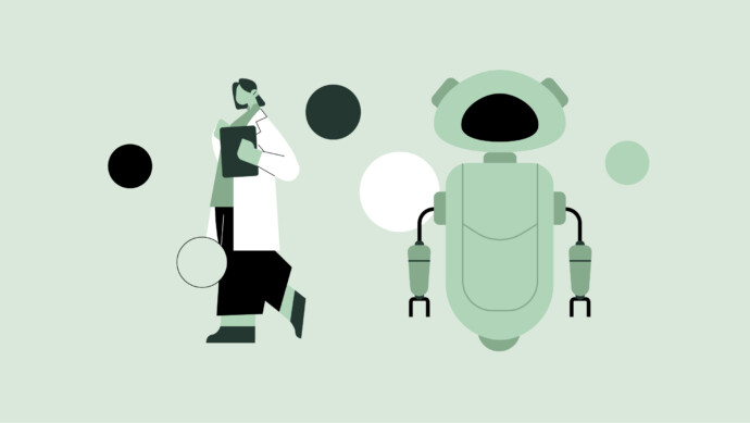 An illustration of a person talking on the phone and holding a clipboard, standing beside a large robot with mechanical arms, symbolizing artificial intelligence in healthcare, against a light green background with circular shapes.