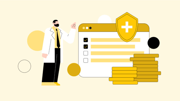 Illustration of a person in a lab coat pointing at a checklist next to a shield with a medical cross and stacks of gold coins, representing healthcare or medical insurance, physician salaries, and work relative value units.