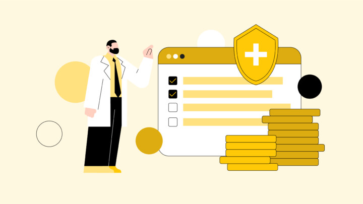 Illustration of a person in a lab coat pointing at a checklist next to a shield with a medical cross and stacks of gold coins, representing healthcare or medical insurance, physician salaries, and work relative value units.