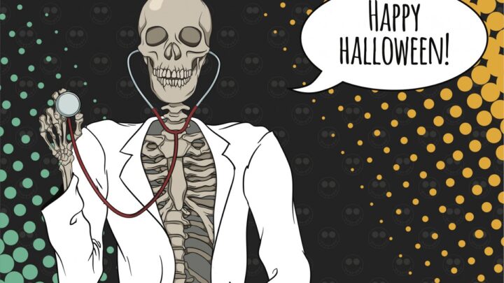 A skeleton clad in a white lab coat clutches a stethoscope, cheerfully proclaiming "Happy Halloween!" from a speech bubble. The backdrop boasts a dotted gradient that shifts from green to orange, perfectly capturing the spirit of Halloween.