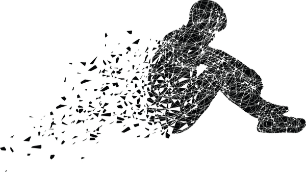 Silhouette of a sitting person dissolving into fragments, symbolizing the disintegration or transformation often felt during depression, on a white background.
