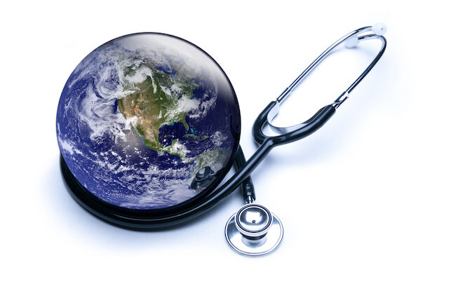 A stethoscope encircles a globe, depicting North and South America, symbolizing the global mission of disease eradication in healthcare.