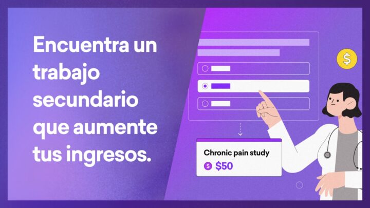 Ilustración de una persona con un estetoscopio apuntando a un anuncio de estudio sobre el dolor crónico que ofrece $50, junto al texto: "Descubra ocupaciones secundarias para médicos que aumentan sus ingresos".