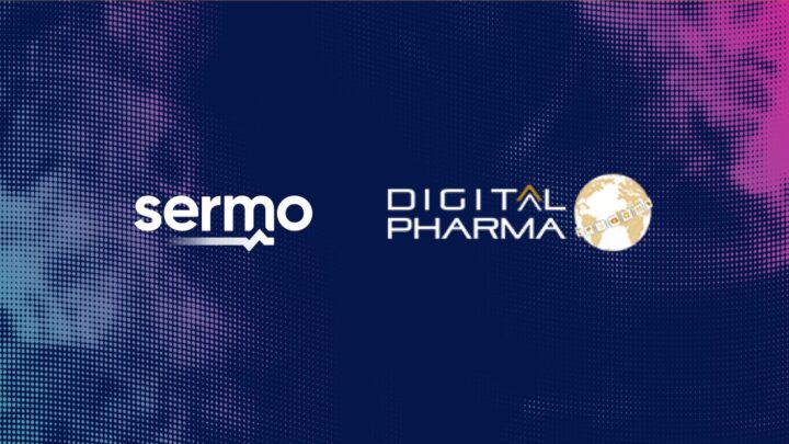 Logos of Sermo and Digital Pharma grace a dotted gradient background, setting the stage for the upcoming Digital Pharma Conference.