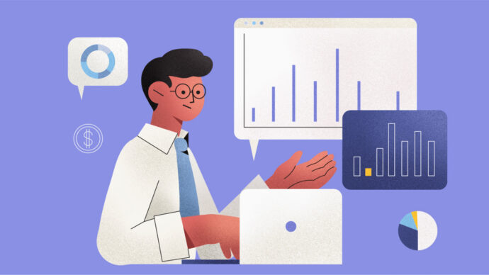 Illustration of a person at a laptop with data charts and graphs, discussing analytics and exploring how to start a medical practice.