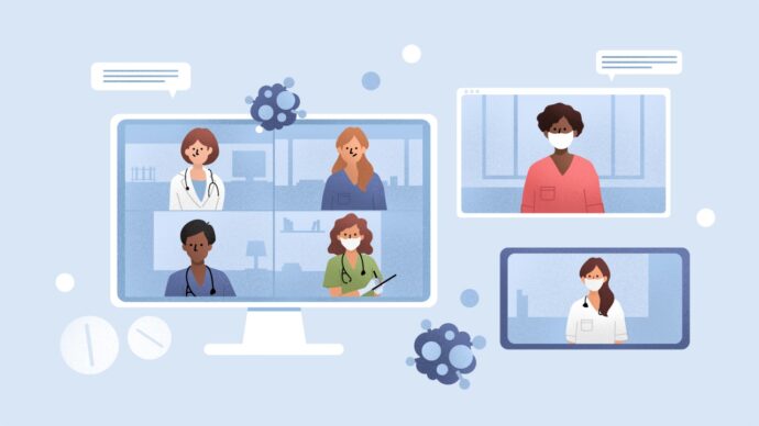 Video conference with medical professionals in masks on screens, accompanied by abstract icons and speech bubbles, depicting a remote virtual tumor board consultation setting.