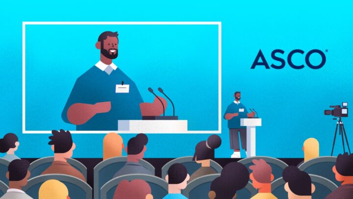 An illustration depicts a person speaking at a podium with a microphone before an audience. On a large screen behind them, "ASCO" boldly appears against the blue background.