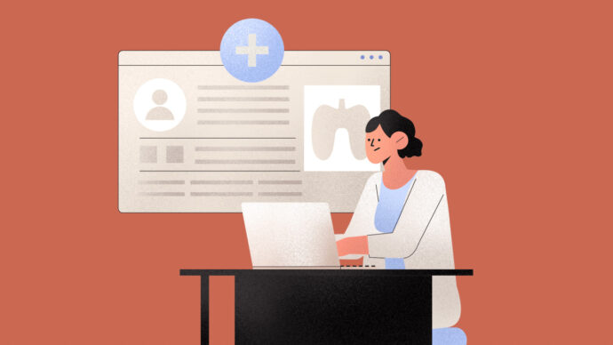 A doctor in a white coat sits at a desk, striking a balance between digital notes on their laptop and the medical chart displaying a lung icon on the wall behind.