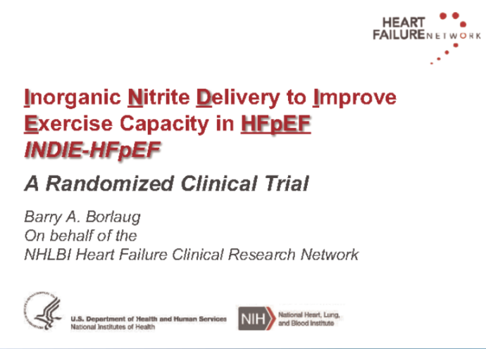 Title slide of a clinical trial presentation on inorganic nitrite delivery to enhance exercise capacity in HFpEF, featured at ACC by Barry A. Borlaug as part of the Heart Failure Clinical Research Network.