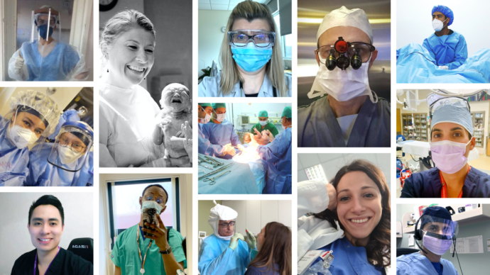 A collage of dedicated doctors in various settings, from performing surgery to posing for selfies in scrubs and masks. Celebrating their commitment and expertise, this vibrant montage reflects the spirit of Sermo's medical community.