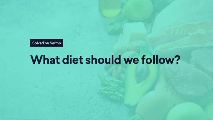 Text on a teal background reads: "Solved on Sermo. What diet should we follow?" with vibrant healthy foods surrounding the message.