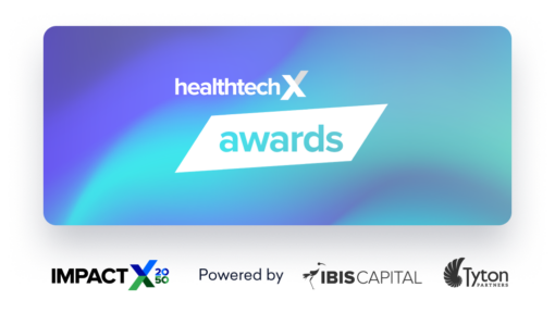 Logo for HealthTech X Awards featuring partner logos: Impact X, BIOS Capital, and Amazon.