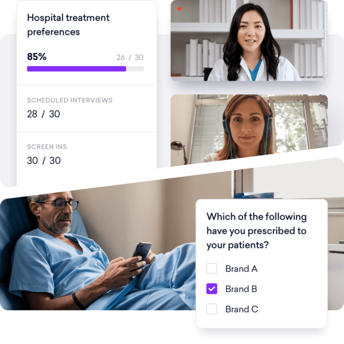 Collage highlighting business insights: video call screens, a patient in a hospital bed using a phone, survey results, and a prescription poll with options Brand A, B, and C.