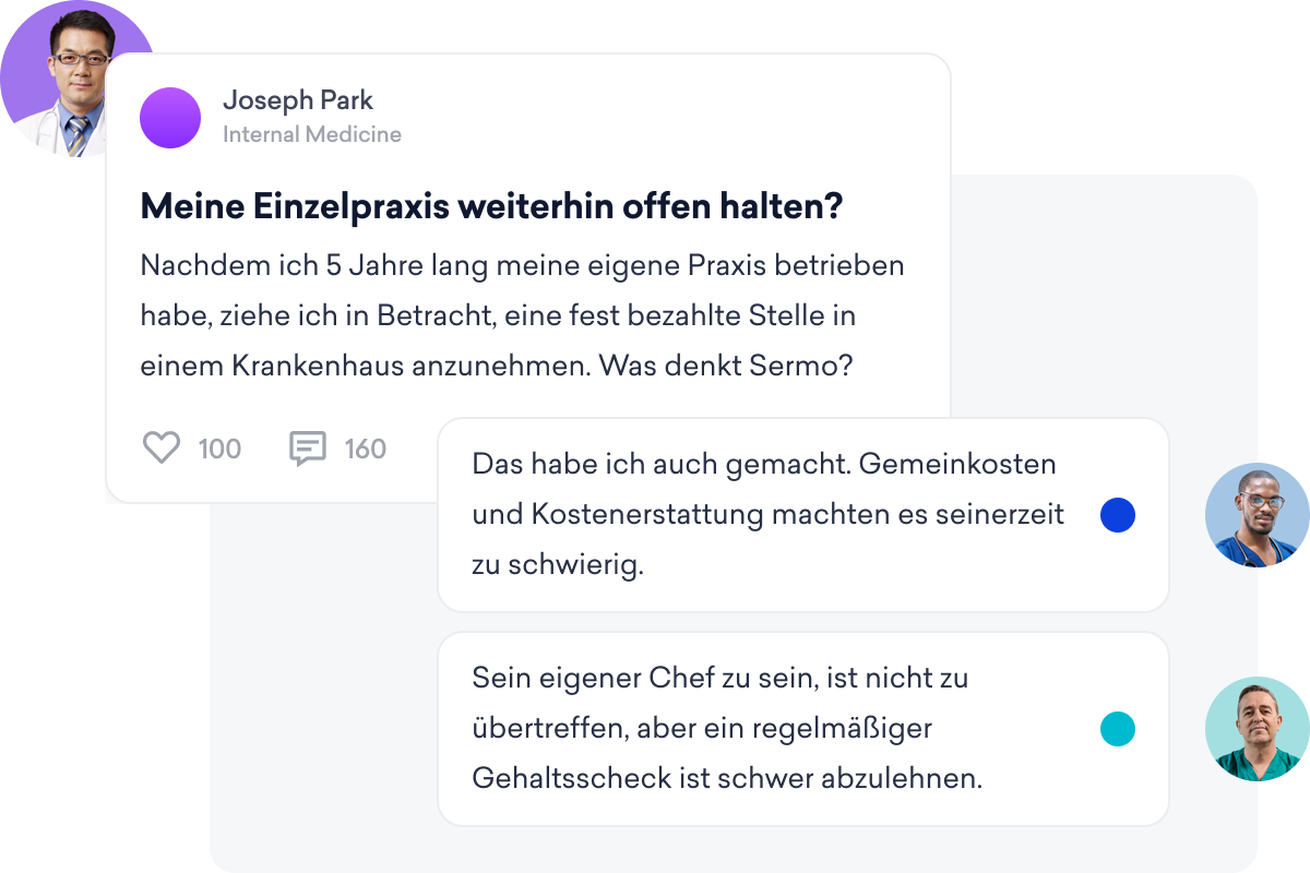 Ein Arzt, der über den Wechsel von der Einzelpraxis in ein Krankenhaus nachdenkt, ist an Erkenntnissen interessiert. Zwei Antworten betonen die besorgniserregenden Gemeinkosten und die Verlockung eines festen Gehaltsschecks. Diese Themen werden häufig in einem spezialisierten sozialen Netzwerk für Ärzt*innen diskutiert.