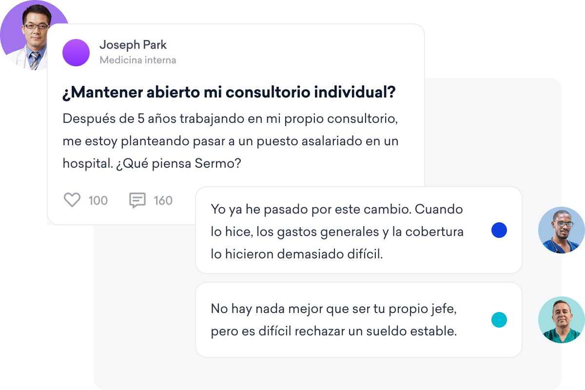 En un chat en una red social para médicos, los participantes hablan sobre consejos profesionales. Una persona considera pasar de la práctica individual a un puesto en un hospital, mientras que las respuestas destacan experiencias con los gastos generales y el atractivo de un sueldo fijo.