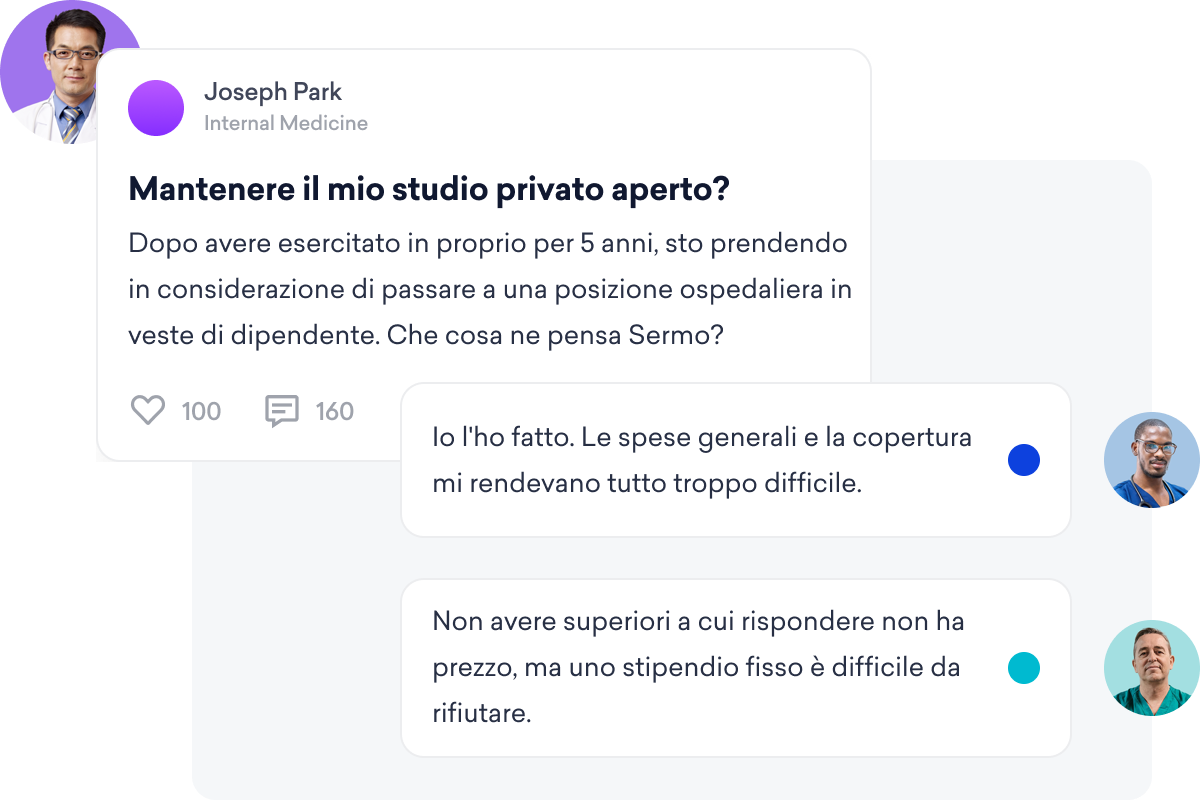 Un post online di un professionista sanitario su un social network, per medici, esplora diverse possibilità di carriera, suscitando commenti interessanti e consigli da parte dei colleghi.