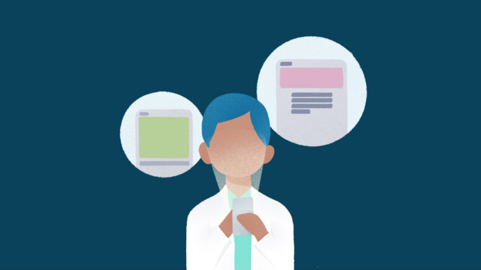 Illustration of a person holding a phone, with two computer screen icons floating above, suggesting multitasking or digital interaction on websites for doctors.