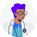 Illustration of a person with purple hair, wearing glasses, a blue shirt, and a white coat with a stethoscope around their neck, ready to see more patients.