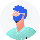 Illustration of a person with blue hair and beard, wearing glasses and a green shirt, facing right. With a thoughtful gaze, they appear deep in conversation about caring for more patients.