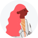 Illustration of a person with long pink hair, wearing a white coat and stethoscope, facing right. The confident figure seems ready to welcome more patients into their care, embodying a sense of dedication and professionalism.
