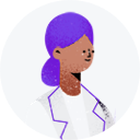Illustration of a person with purple hair in a ponytail, wearing a white coat, facing left, gazing thoughtfully as if anticipating more patients.