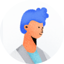 Illustration of a person with blue hair, wearing a gray jacket, facing right on a white background, as if they are moving forward to welcome more patients.