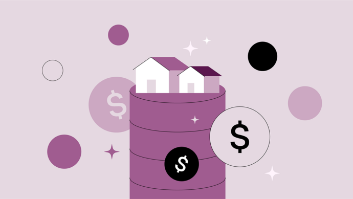 Illustration of two small white houses atop a cylinder, symbolizing physician real estate investing, with dollar signs and abstract circles in shades of purple and black against a light purple backdrop.